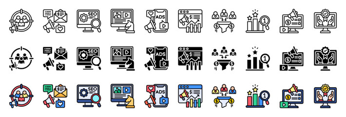Set Of Target Audience icon collection. with Outline, Glyph and Flat Line style. Containing Email Campaign,SEO Optimization,Content Strategy,Social Media Ads,Web Traffic.