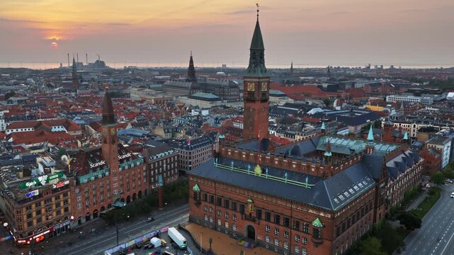 Copenhagen, Denmark - August 7, 2025: Aerial drone view of Copenhagen City Hall and City Hall Square at sunrise
