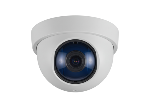 Dome security camera isolated on transparent background, surveillance system for safety and protection in PNG format