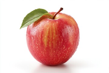 Fresh Red Apple with Leaf on White Background