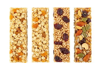 Variety of granola bars isolated on a clean backdrop, healthy snack bars with oats, nuts, seeds, and dried fruits