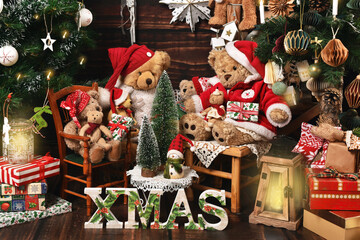 Teddy bear family celebrating Christmas at home