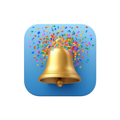 Golden bell icon with confetti explosion celebrating notification alert achievement success isolated on transparent background