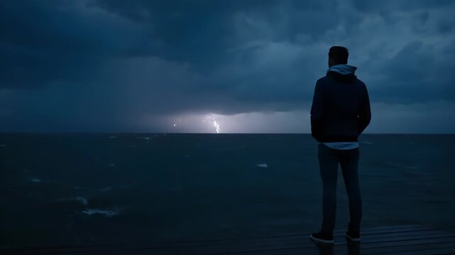 A person stands alone on a pier gazing towards a distant lightning strike over the dark ocean under a brooding sky