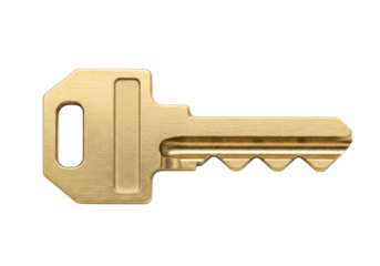Brass door key isolated on transparent background, security and access hardware for home or office use
