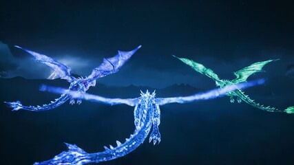 Three glowing, ethereal dragons soar amidst a stormy night sky, with lightning illuminating their forms. The middle dragon is blue - Powered by Adobe