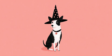 Whimsical illustration of dog wearing witch hat, set against pink background, evokes playful and magical atmosphere