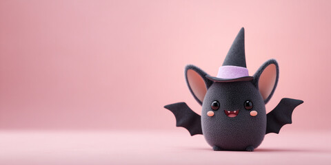 Cute bat character wearing witch hat, smiling with big eyes, set against soft pink background. This adorable design evokes