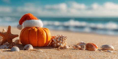 Festive pumpkin wearing Santa hat rests on sandy beach, surrounded by seashells and starfish, evoking unique holiday spirit