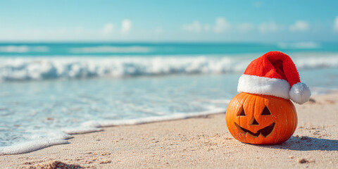 Festive pumpkin wearing Santa hat sits on sandy beach near ocean, blending Halloween and Christmas themes