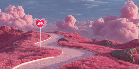 Whimsical landscape features winding path through vibrant pink grass, with fluffy pink clouds overhead and heart shaped stop