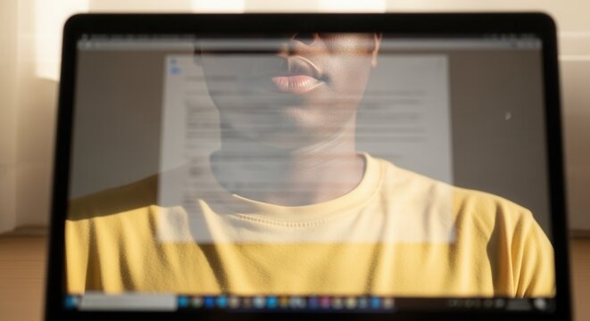 A person's reflection on a laptop screen while working from home. Black person focused on a computer with sunlight glare. Remote work and digital focus concept