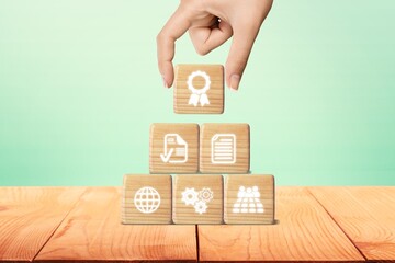 Wooden blocks with certification, standards icons