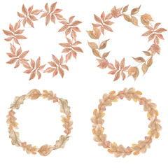 Autumn composition, wreaths. Watercolor texture. Dry autumn leaves. Decor, November, October. Set of elements for decoration. Forest compositions. Berries.