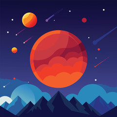 Naklejka premium Vibrant illustration of a large red planet mars with smaller moons in a starry night sky above silhouetted mountains and clouds