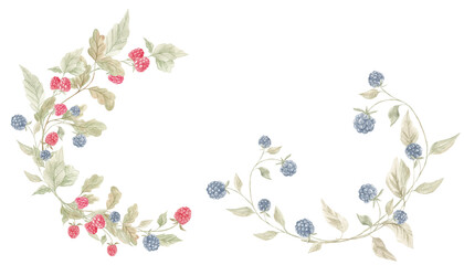 Autumn composition, wreaths. Watercolor texture. Dry autumn leaves. Decor, November, October. Set of elements for decoration. Forest compositions. Berries.