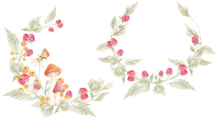 Autumn composition, wreaths. Watercolor texture. Dry autumn leaves. Decor, November, October. Set of elements for decoration. Forest compositions. Berries.