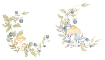 Autumn composition, wreaths. Watercolor texture. Dry autumn leaves. Decor, November, October. Set of elements for decoration. Forest compositions. Berries.