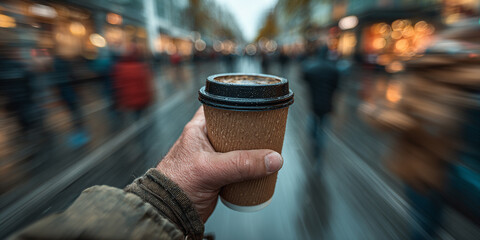 Hand holding takeaway coffee cup on busy street, capturing lively urban atmosphere