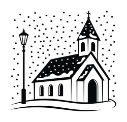 Fototapeta premium Snowy church winter scene christmas holiday building snow vector