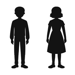 Black silhouette of a young boy and a young girl standing side by side against a white background