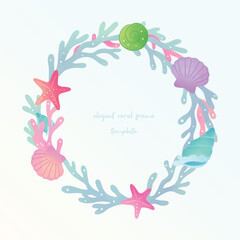 Beautiful and elegant coral sea themed frame border in watercolor style. Pretty shellfish marine frame for wedding, template, birthday, invitation, asset, summer