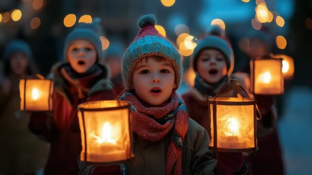 Joyful kids in cozy winter outfits marking a special occasion by parading at twilight, carrying radiant DIY paper lanterns lit with candles and harmonizing traditional melodies as a group