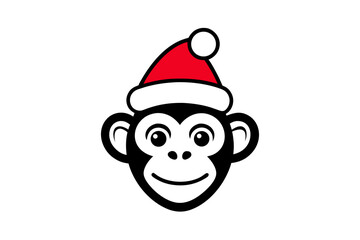 Cute Monkey Face with Christmas Hat Line Art for Coloring Page