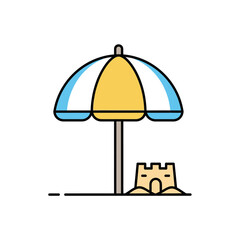 Beach Umbrella and Sandcastle Illustration - Summer Vacation Icon.