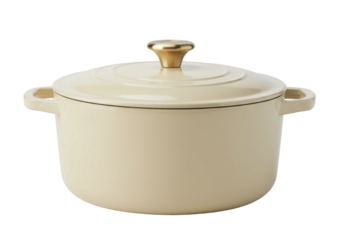 Cream-colored enameled cast iron dutch oven with gold knob isolated on a clean background, versatile cookware for cooking and baking