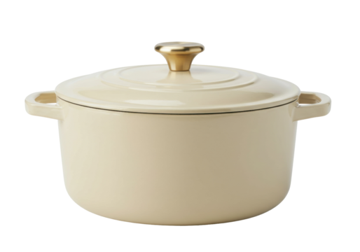 Cream-colored enameled cast iron dutch oven with gold knob isolated on a clean background, versatile cookware for cooking and baking