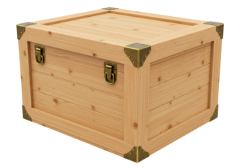 Wooden crate isolated on transparent background, vintage storage box with metal hardware for shipping and organization