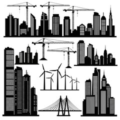 Naklejka premium Collection of cityscapes with cranes and wind turbines silhouette isolated on white background