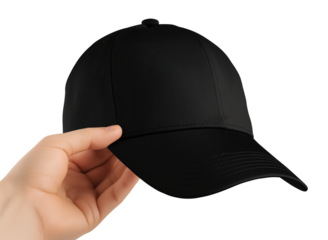 Hand Holding Blank Black Baseball Cap Mockup for Custom Design isolated on a transparent background