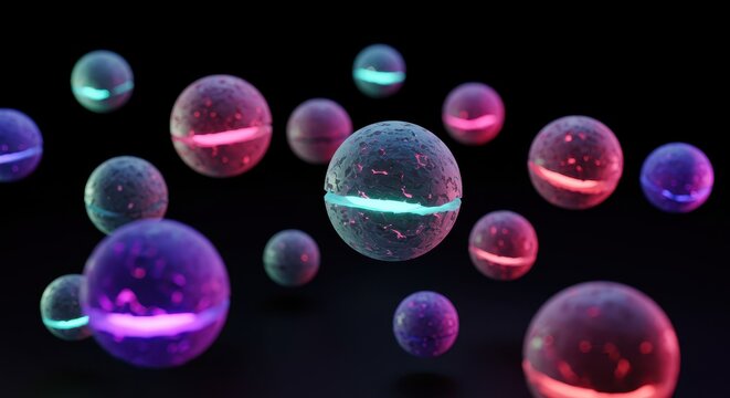Glowing spheres with internal light emit vibrant colors against a dark background.
