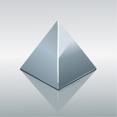 Fototapeta premium A geometrically perfect silver pyramid sits on a smooth, grey surface, casting a perfect, dark shadow.