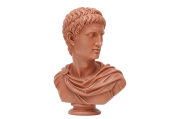 Terracotta bust of young man isolated on transparent background, classical sculpture of Roman emperor for art history and design