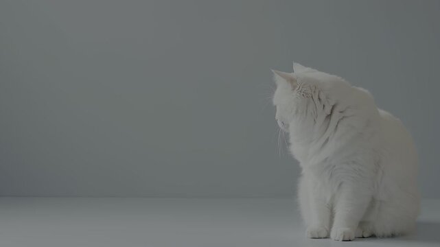 Fluffy white cat calmly observes its surroundings