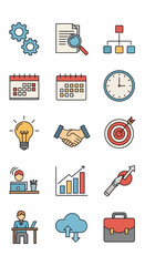 Business and Management Icons Set - Gears, Documents, Calendar, Clock, Lightbulb, Handshake, Target, Graph, Cloud, Briefcase.