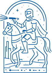 A futuristic line art illustration of a knight in armor riding a horse and firing a laser gun, merging medieval symbolism with sci-fi adventure in a minimalist style.