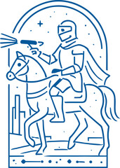 A futuristic line art illustration of a knight in armor riding a horse and firing a laser gun, merging medieval symbolism with sci-fi adventure in a minimalist style.