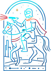 A futuristic gradient line art illustration of a sci-fi knight riding a horse and aiming a laser gun, blending medieval heroism with space-age technology.