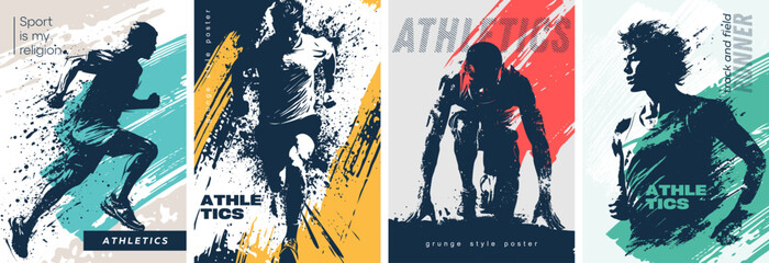 Innovative and Dynamic Athletics Posters Showcasing a Variety of Diverse Athletic Activities Grunge-style poster. Vector templates for postcards, posters, flyers, banners and other materials.