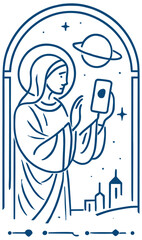 A modern minimal line art illustration depicting a saint-like figure holding a smartphone under a starry sky with a planet, blending sacred iconography with futuristic symbolism.