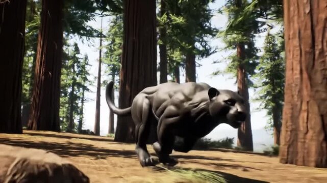 Black Panther Roaming Through Forest With Tall Trees and Sunlight.