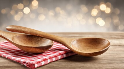 Rustic Kitchen Scene: Wooden Spoons on Checkered Napkin with Bokeh Lights Background, Culinary Still Life