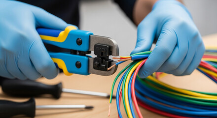 Skilled technician meticulously crimps wires with specialized tool, preparing for precise electrical connections in a professional setting.