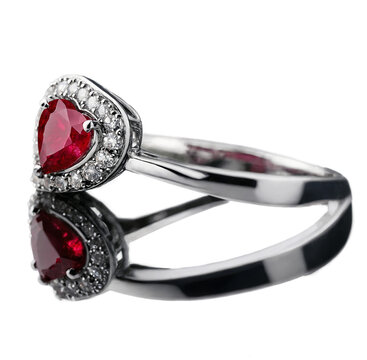 Romantic heart shaped ruby ring in silver with diamond halo on transparent background transparent background isolated png stock