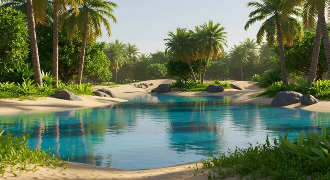 An oasis scene with reflective blue pool