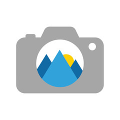 Camera Icon with Mountain and Sun Design, Photography Concept.